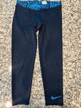 Nike Black Compression Leggings with Blue Logo and Waistband